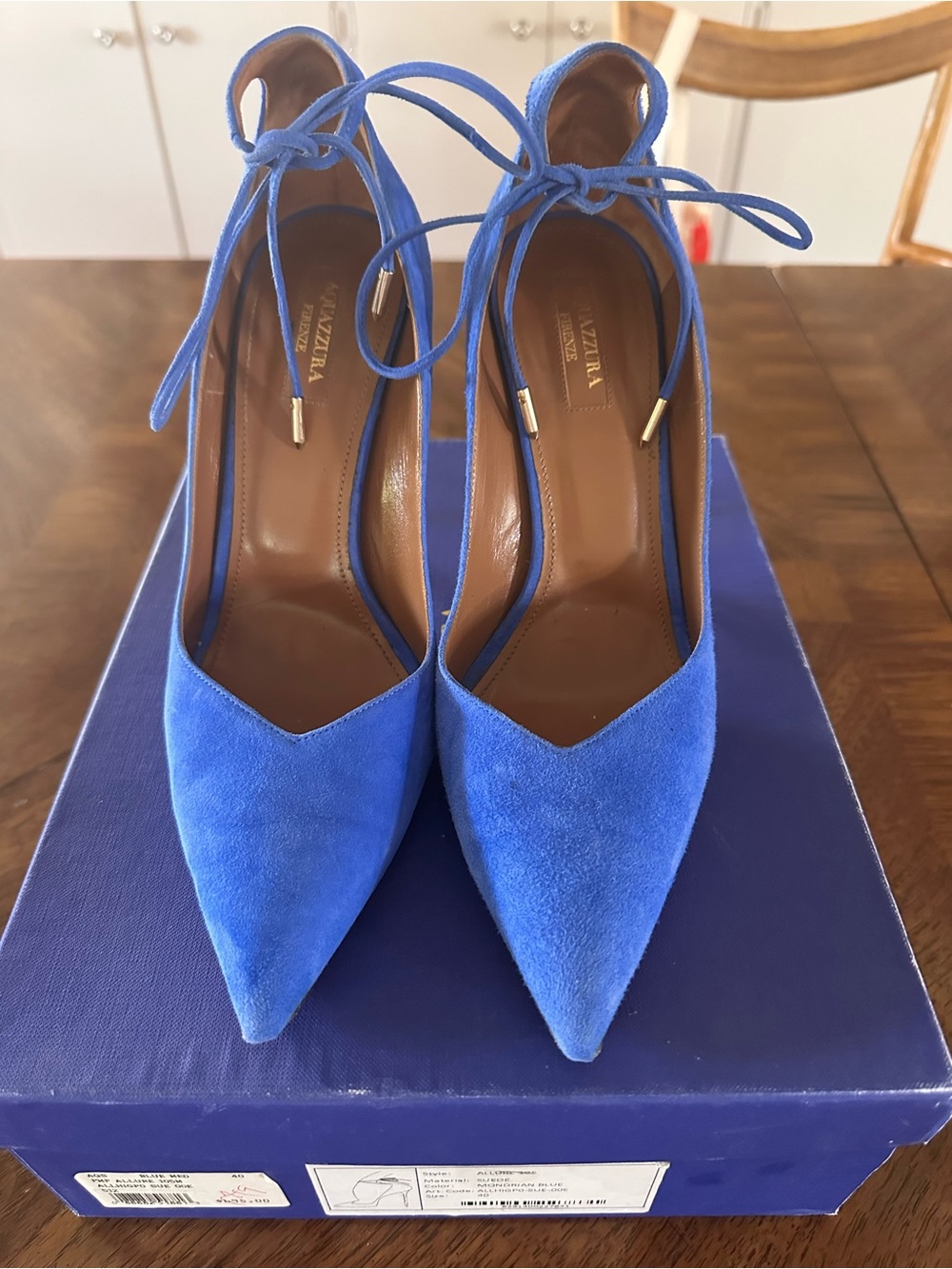 Aquazzura Blue Suede Pointed-Toe Lace-Up Pumps 40
